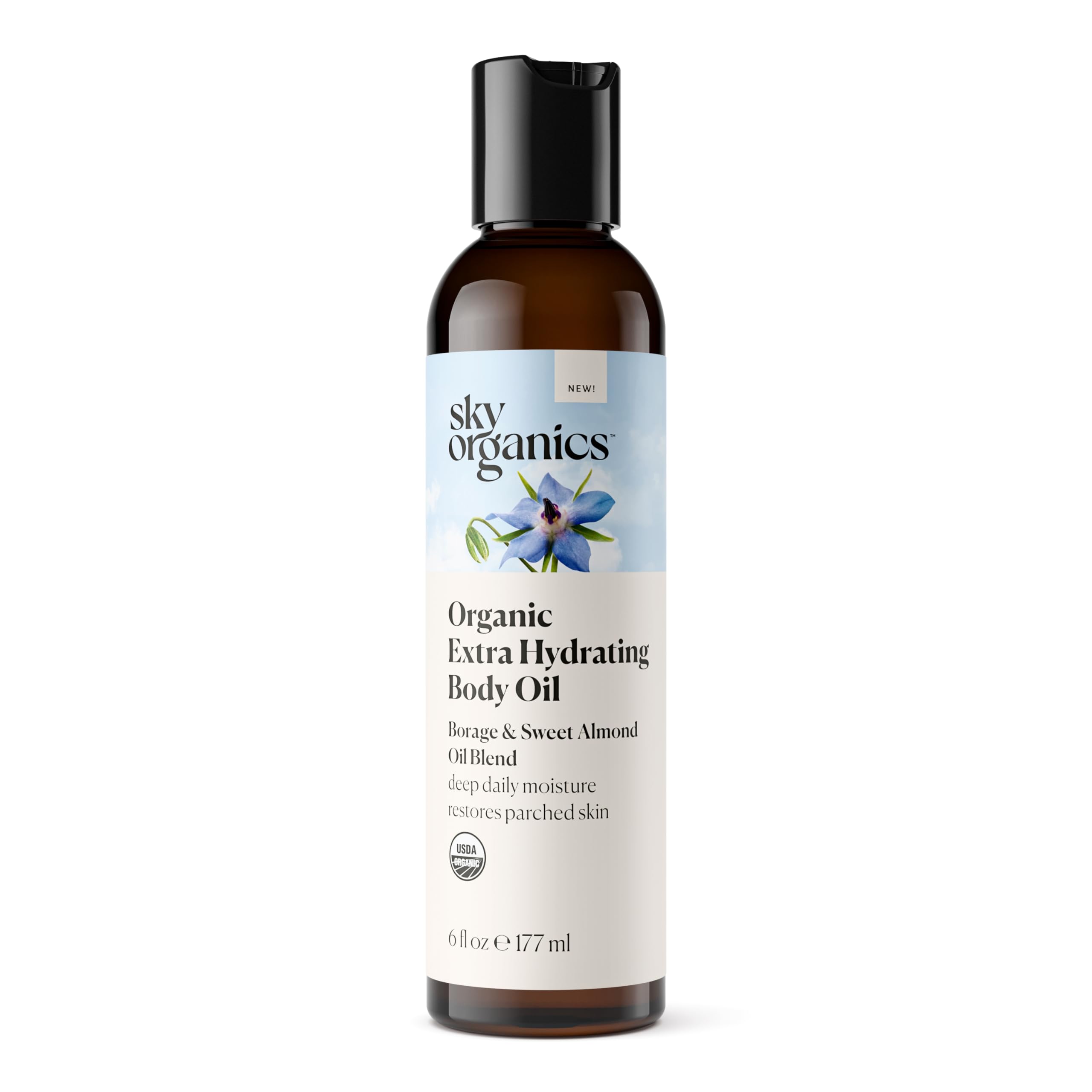 Piel humedecida recibe hidratación del aceite corporal de Sky Organics