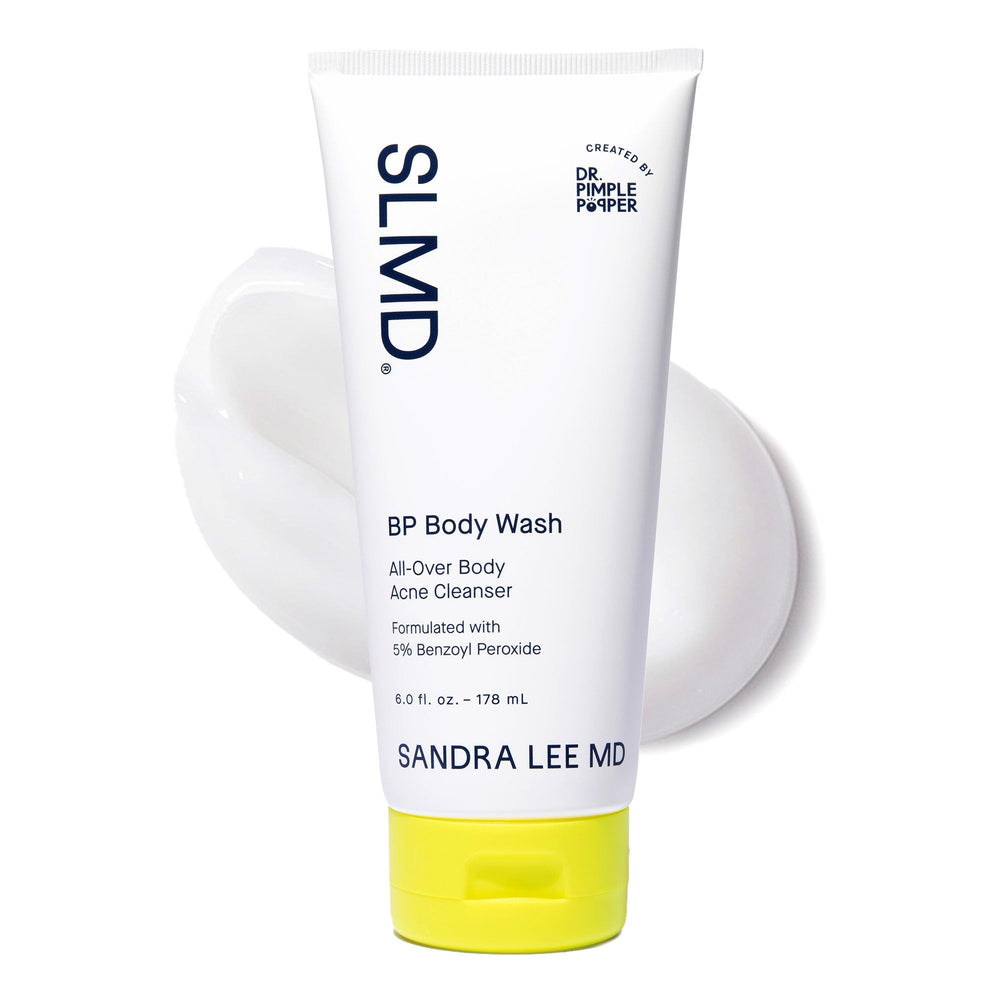 SLMD limpiador corporal en envase, exfoliante suave con 5% peróxido de benzoilo.