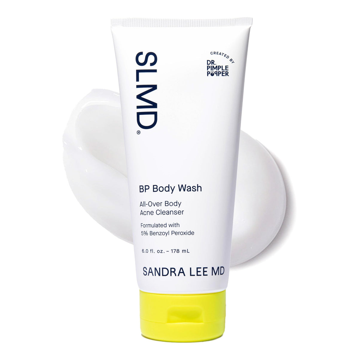 SLMD limpiador corporal en envase, exfoliante suave con 5% peróxido de benzoilo.