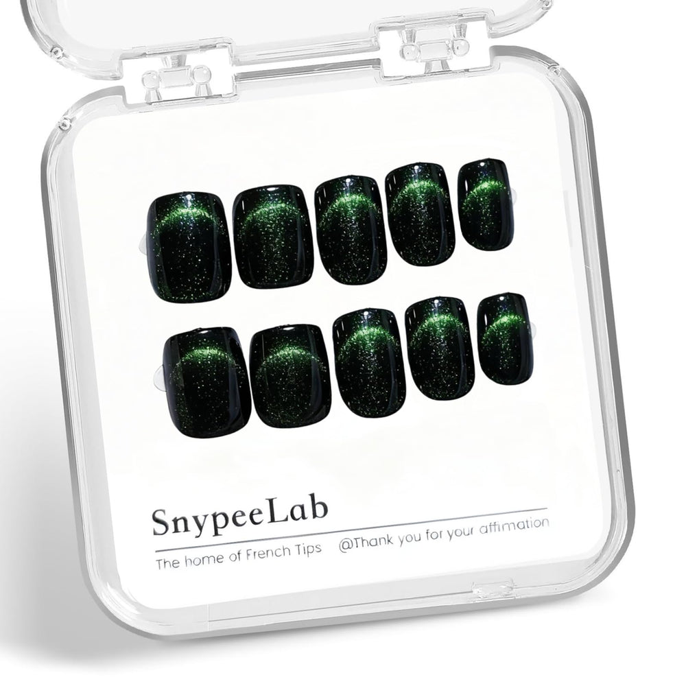 SnypeeLab uñas postizas con efecto ojo de gato verde para un look elegante