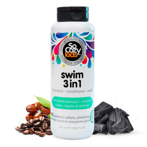SoCozy Kids Swim 3-en-1 champú y acondicionador para cabello suave tras nadar.