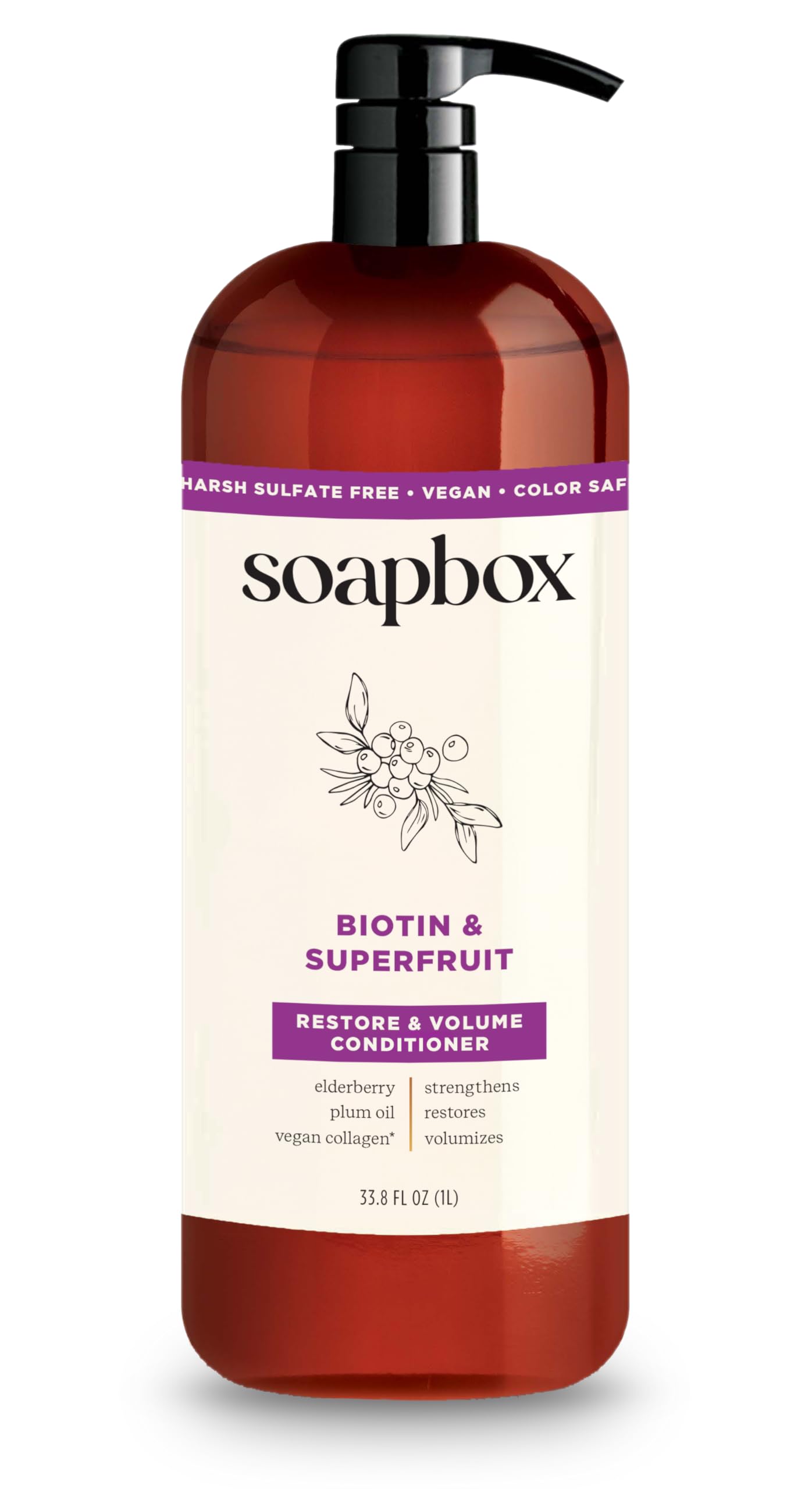 Soapbox Biotina-Colágeno Super Fruta, botella con bomba para aplicación limpia y volumen