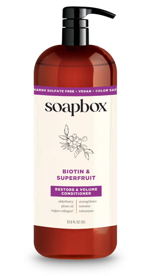 Soapbox Biotina-Colágeno Super Fruta, botella con bomba para aplicación limpia y volumen