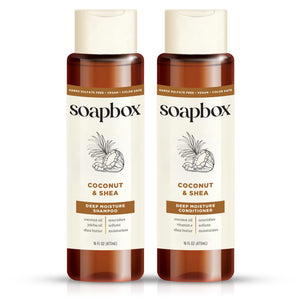 Soapbox Coco Shampoo Botella muestra una experiencia suave para cabellos saludables y brillantes.