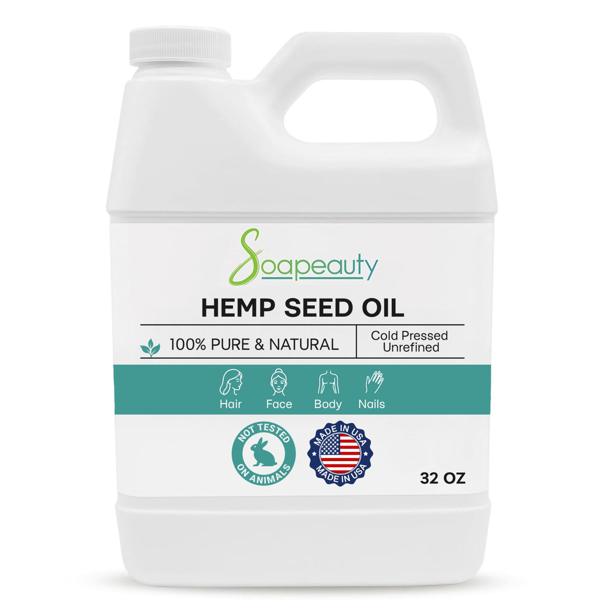 Soapeauty aceite de cáñamo: botella vertida para masajes y piel hidratada.