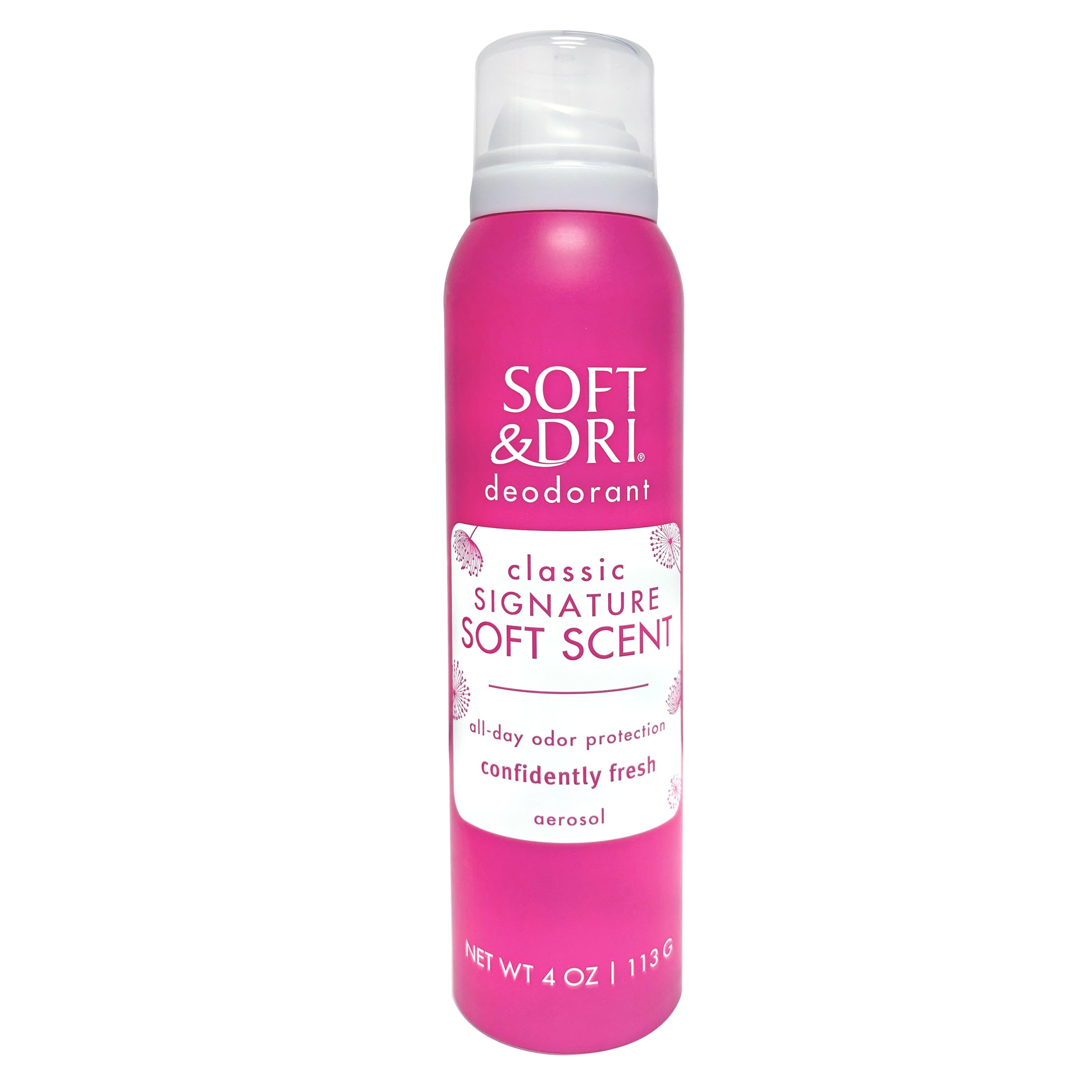 Soft Dri Desodorante en aerosol, botella, aroma suave para uso diario.