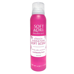 Soft Dri Desodorante en aerosol, botella, aroma suave para uso diario.