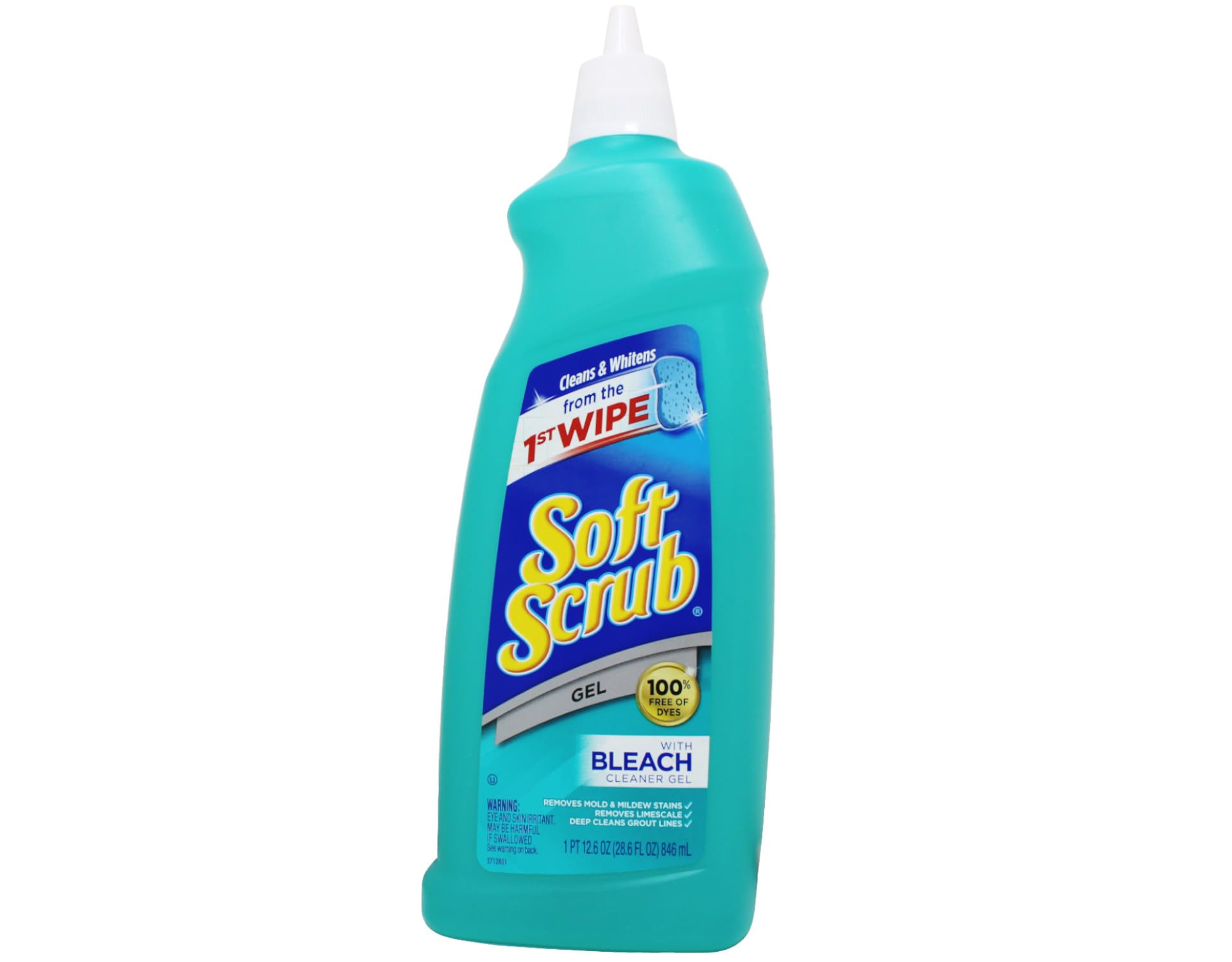 Soft Scrub Gel limpiador con lejía: botella enfocada, elimina manchas en superficies de uso diario.