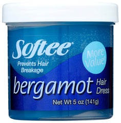 Softee Bergamot en botella azul para hidratación suave del cabello.
