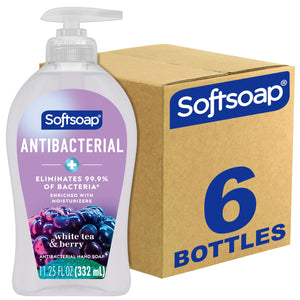 Softsoap antibacterial botella 11-25oz muestra fragancia té blanco y bayas para limpieza diaria.