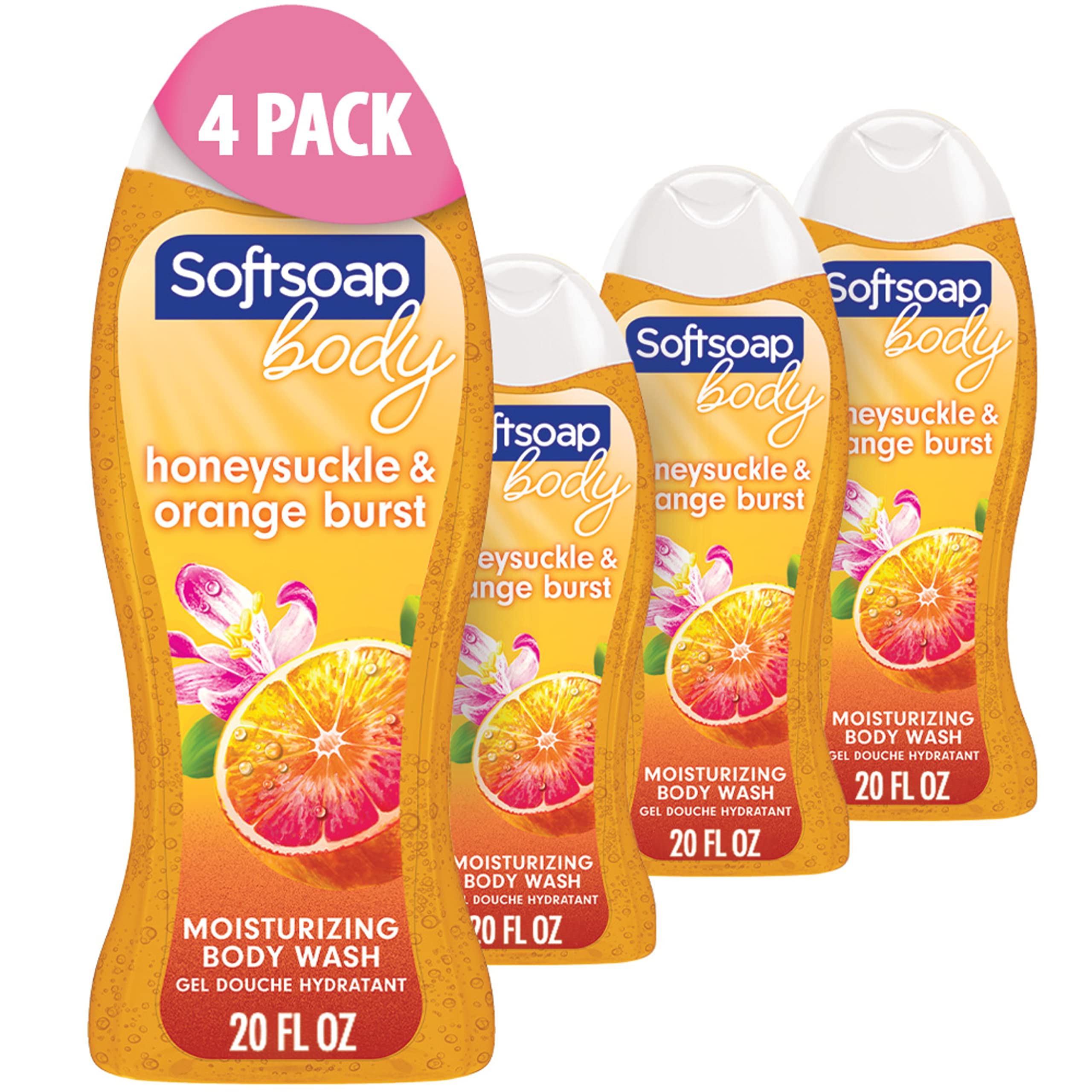 Softsoap Honeysuckle-Naranja, botella vertiendo, ducha fresca.