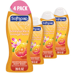 Softsoap Honeysuckle-Naranja, botella vertiendo, ducha fresca.