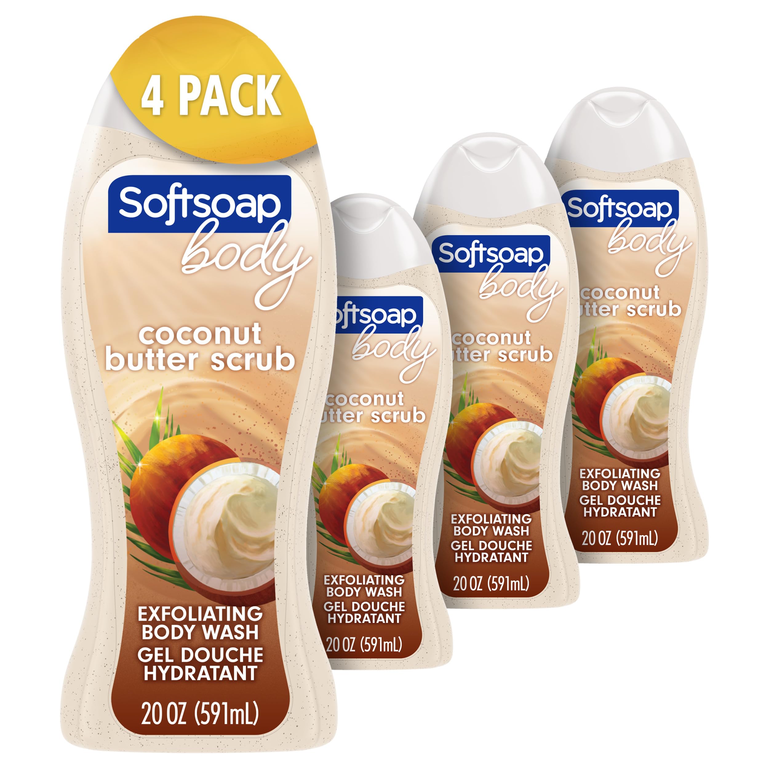 Softsoap Coconut Butter Scrub, botella-vertiendo, exfoliación suave para piel suave.