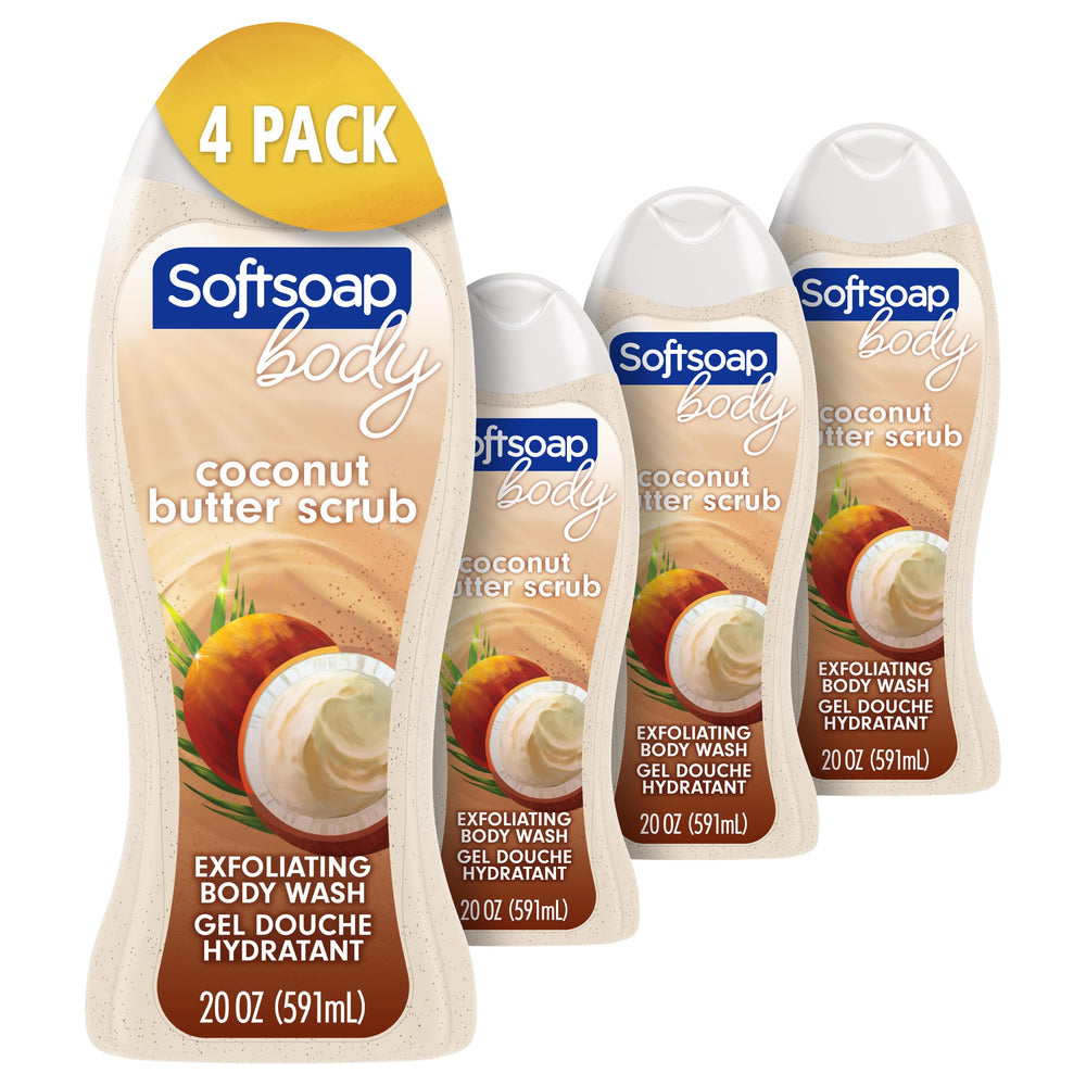 Softsoap Coconut Butter Scrub, botella-vertiendo, exfoliación suave para piel suave.