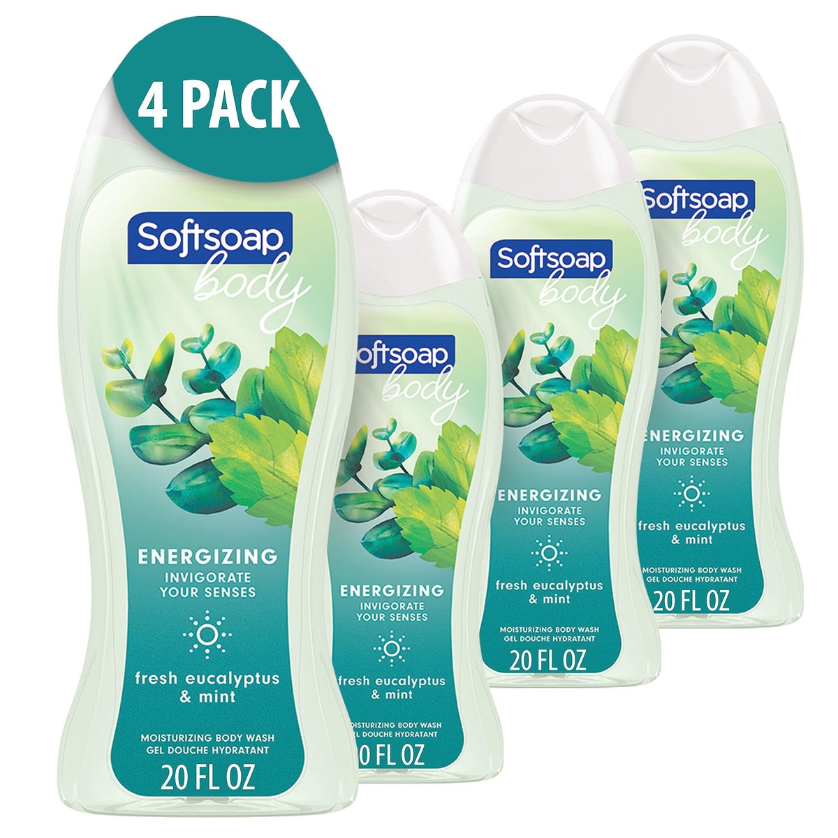 Softsoap Ducha Eucalipto-Menta en botella, refrescante y práctico para duchas diarias.