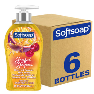 Softsoap Joyful muestra la botella con dispensador para lavado diario de manos con aroma a cereza