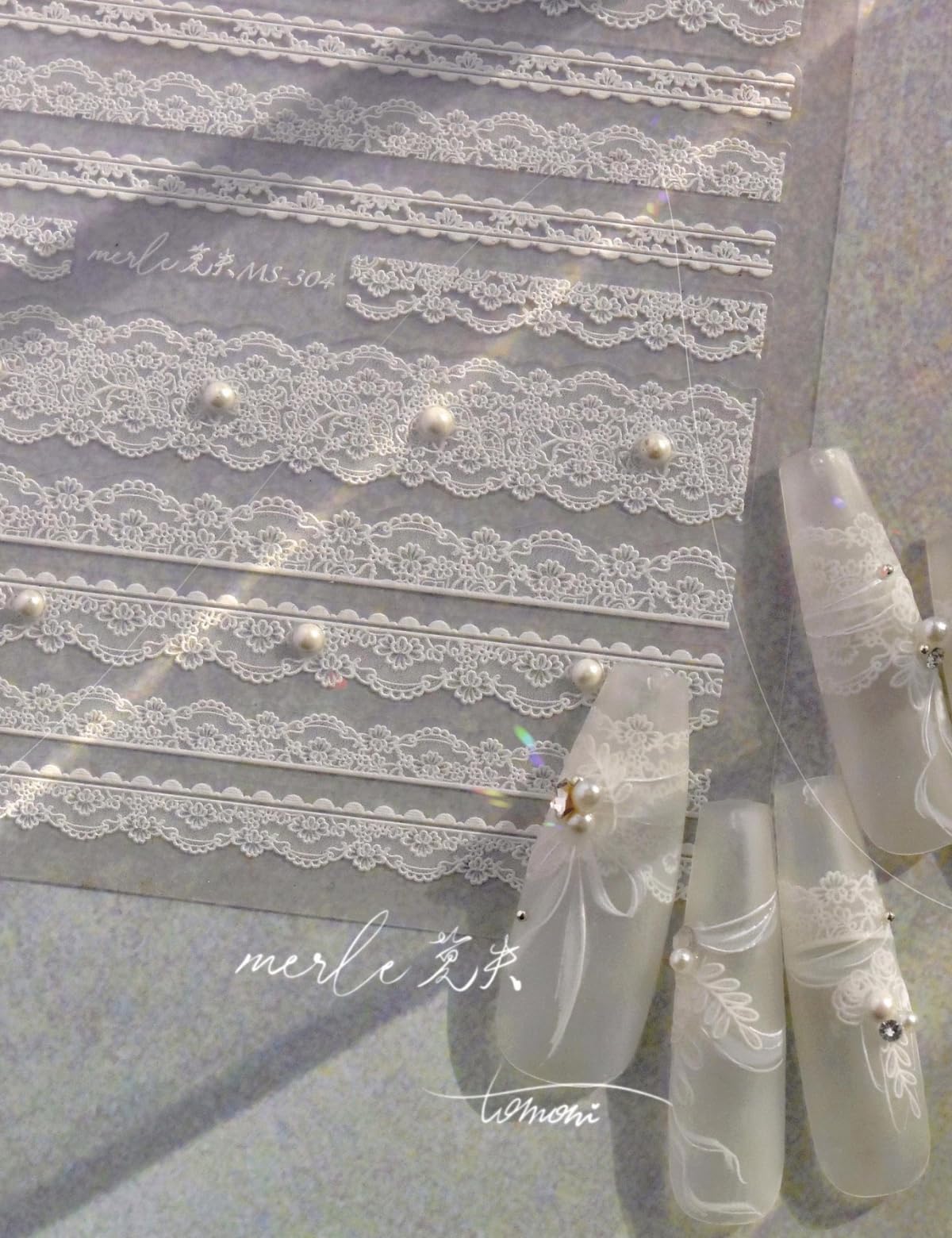 SoftSoul pegatinas lace blanco 5D con perlas para manicura elegante