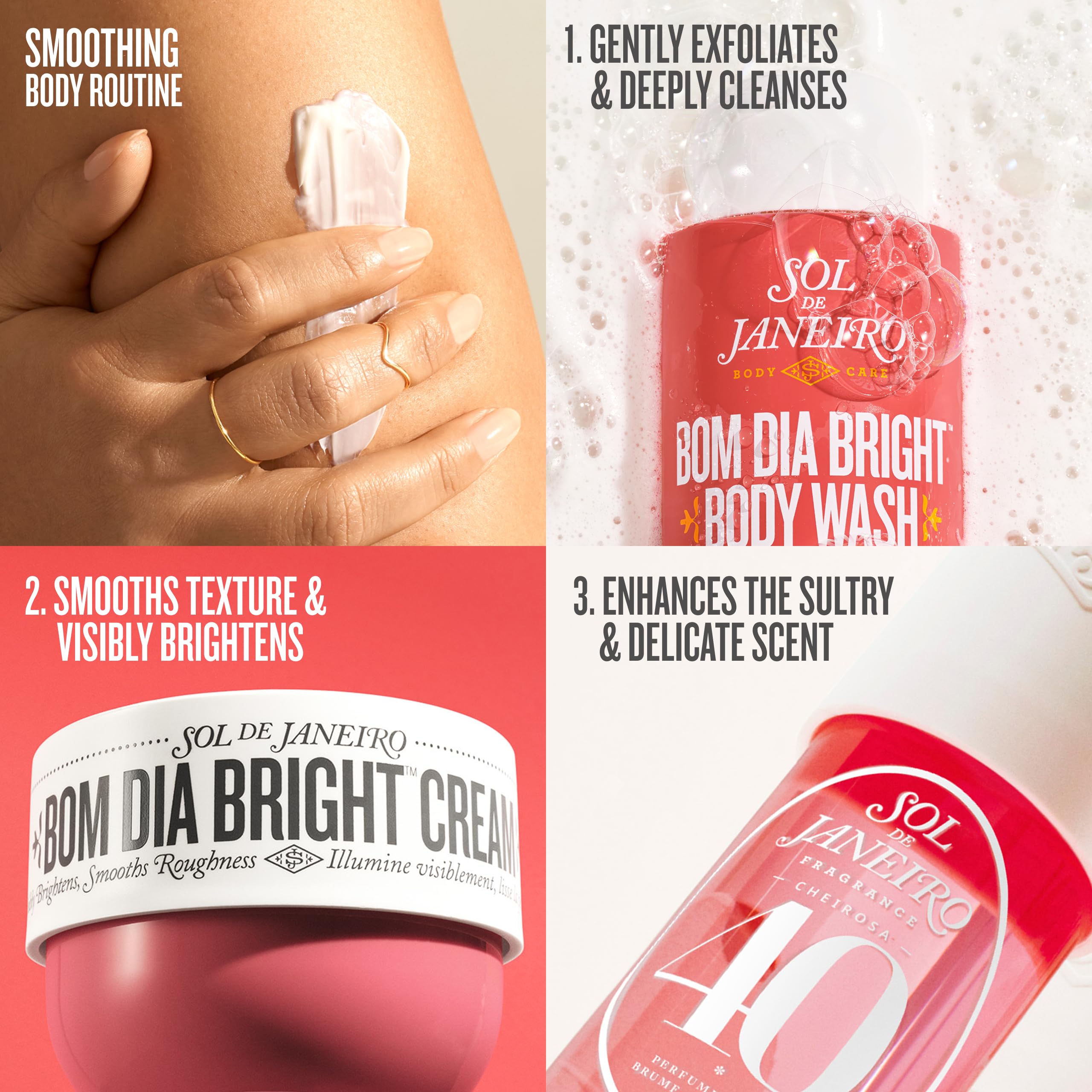 Sol de Janeiro Bom Dia Brillo Corporal Aplicación crema suavizante para brillo visible.