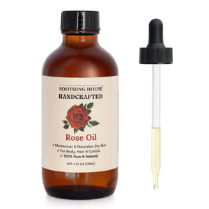 Soothing House aceite corporal de rosa, frasco elegante, hidrata suavemente la piel.