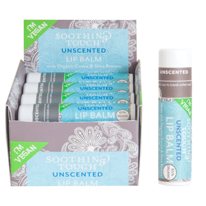 Soothing Touch bálsamo labial sin fragancia para hidratación suave de labios secos y sensibles.