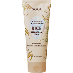 SOQU limpiador espumoso de arroz, frente del envase, limpieza suave para la piel.