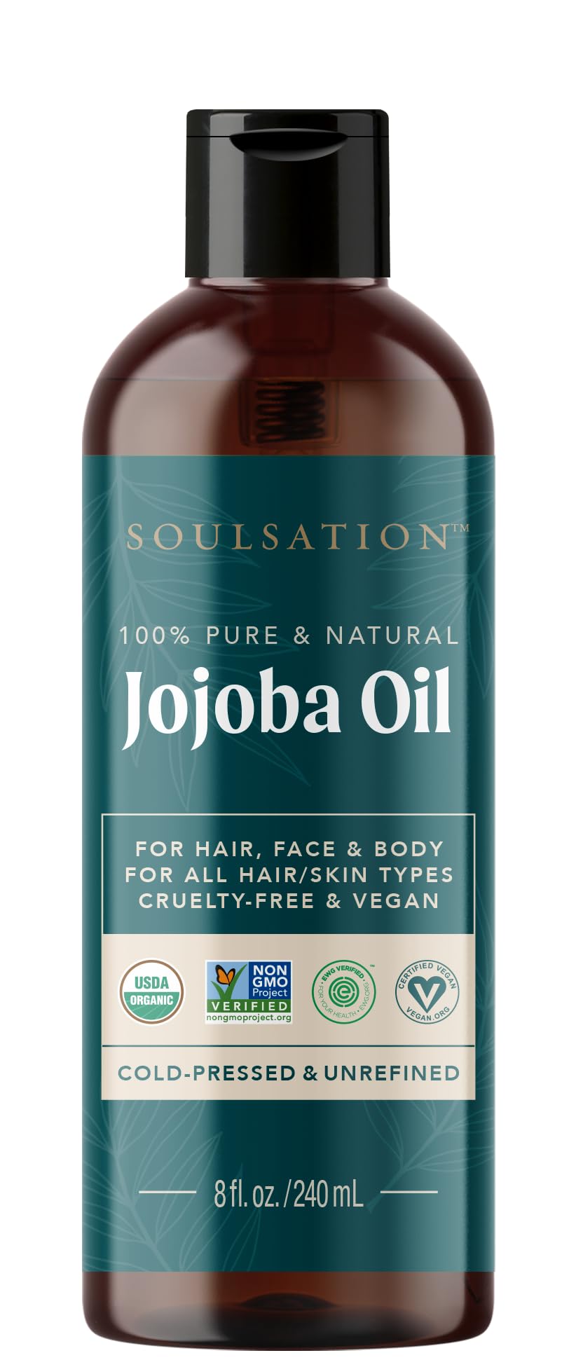 SOULSATION Aceite de jojoba orgánico en frasco, hidratación suave para piel.