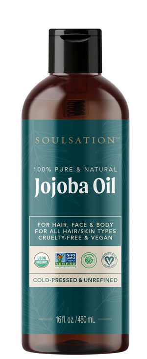 SOULSATION Aceite de jojoba orgánico en botella de 16 onzas para piel y cabello suave.