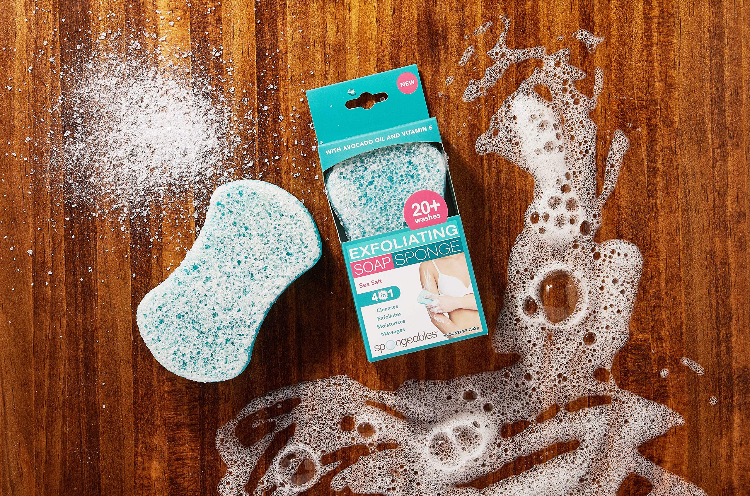 Spongeables exfoliante de doble textura en esponja para piel suave y nutrida.