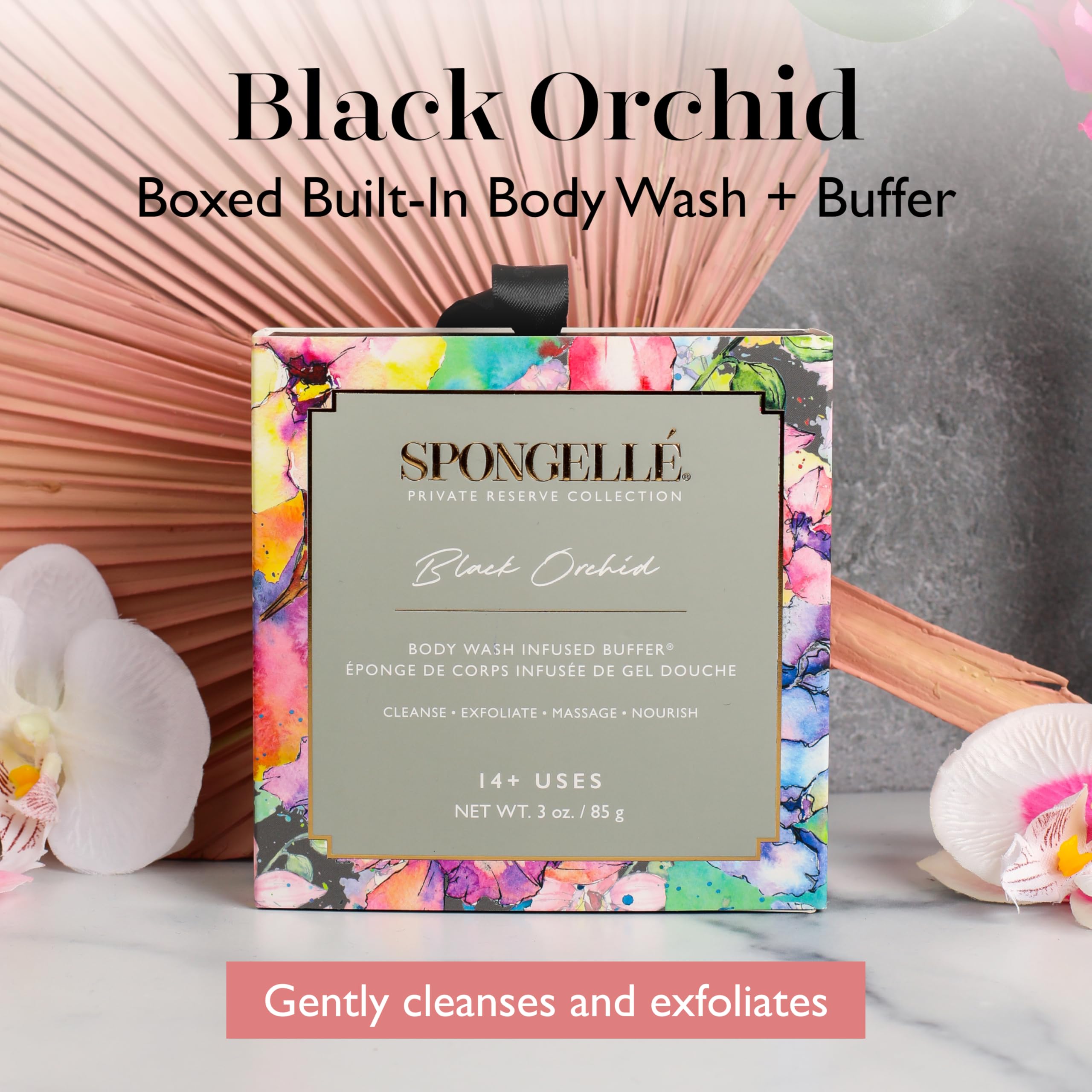 Buffer SPONGELLÉ Black Orchid, textura exfoliante suave para piel más lisa.