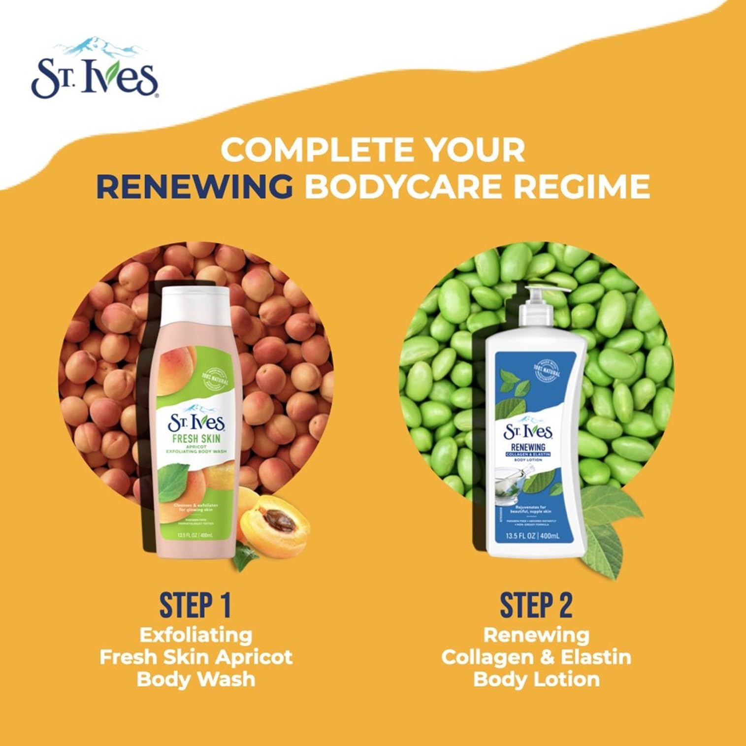 St. Ives con aceite de soja natural para suavizar la piel.