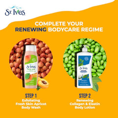 St. Ives con aceite de soja natural para suavizar la piel.