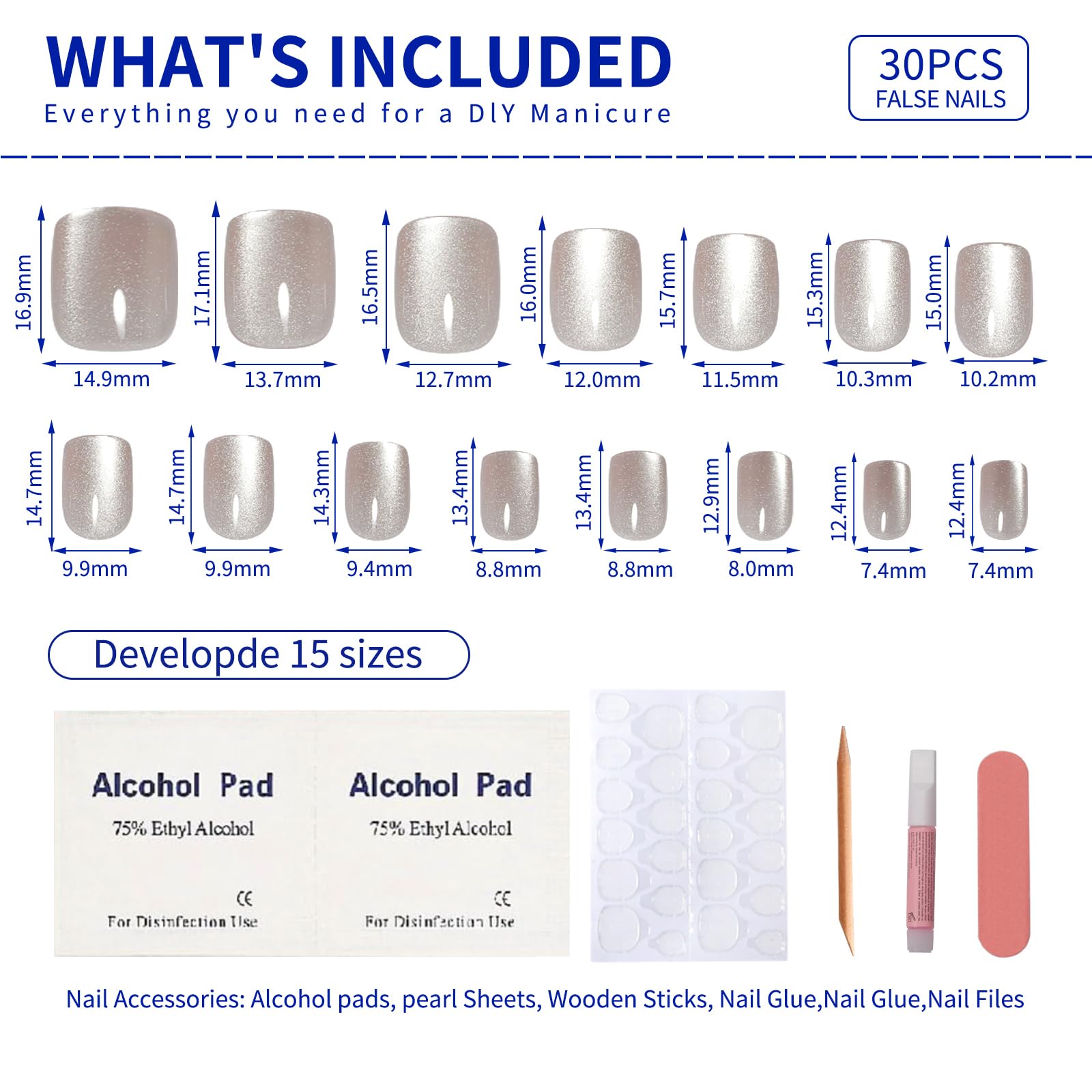 Stbisen set de 30 uñas con 15 tallas para ajuste perfecto.