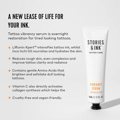 Stories & Ink vibrancia-serum aplicado de noche suaviza y nutre la piel tatuada.