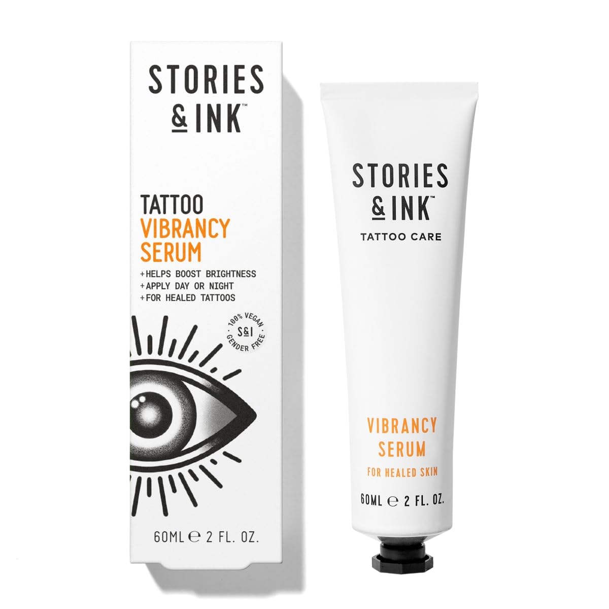 Stories & Ink vibrancia-serum en botella de 60 ml realza el color del tatuaje.