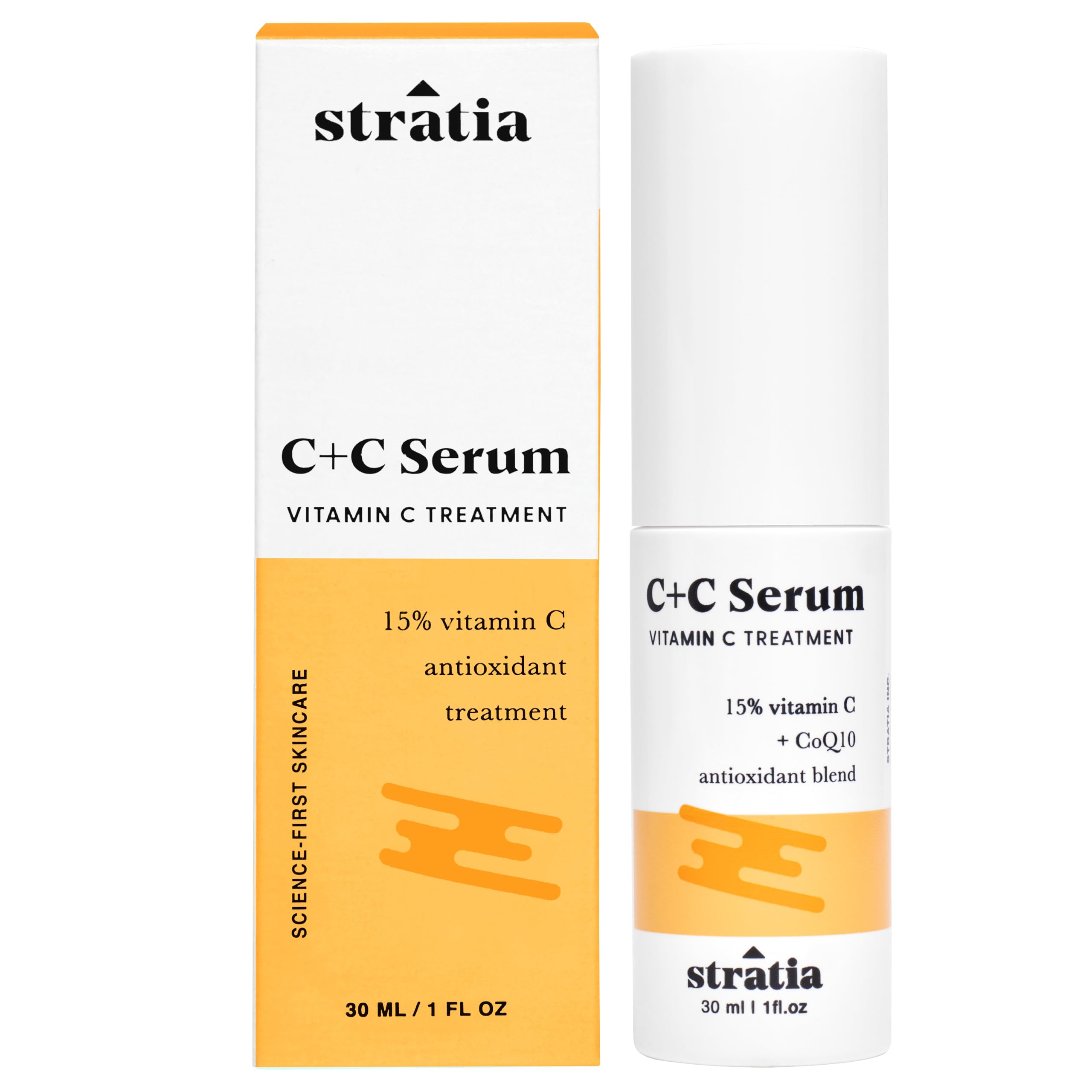 Stratia C+C Serum, botella de vidrio, antioxidante para piel brillante.