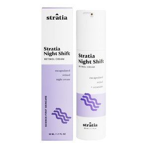 Crema nocturna Stratia Night Shift en tubo, suaviza la piel durante la noche.