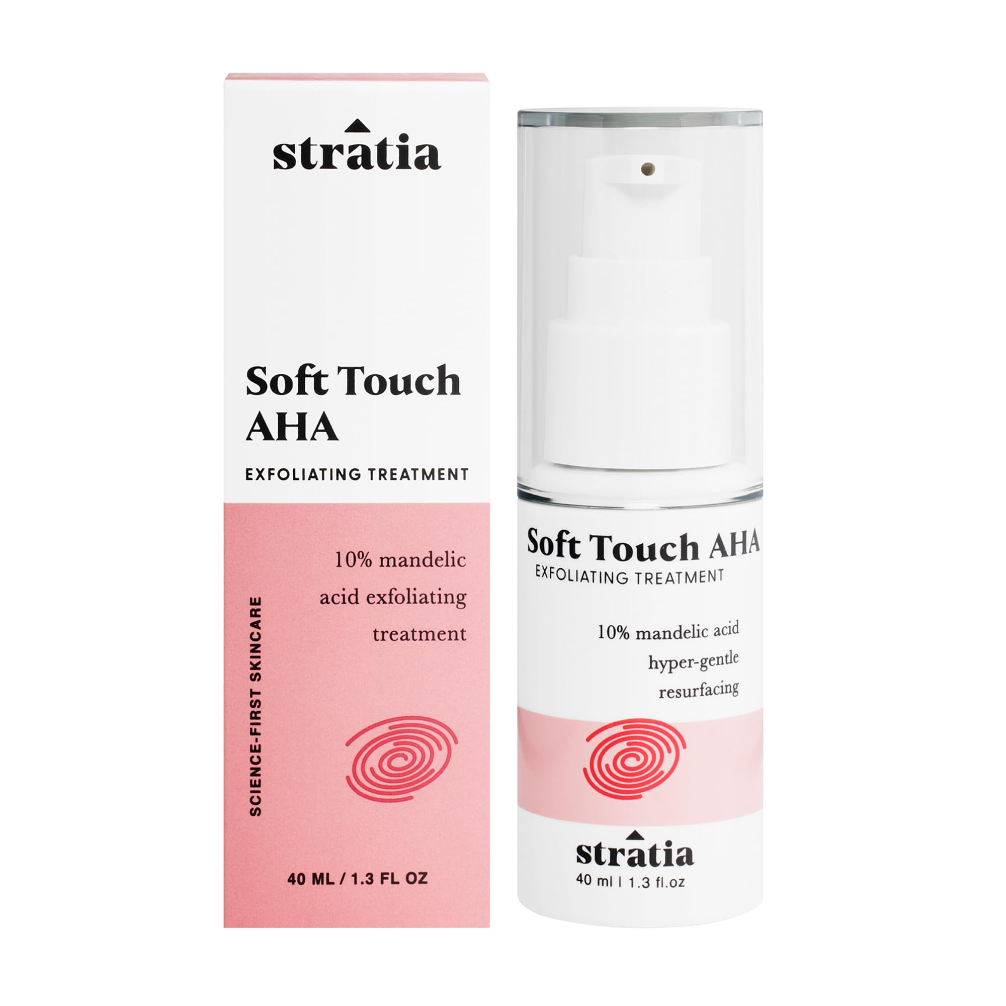 Stratia Soft Touch Dark Spot Corrector en botella lista para exfoliar suavemente y aclarar manchas.