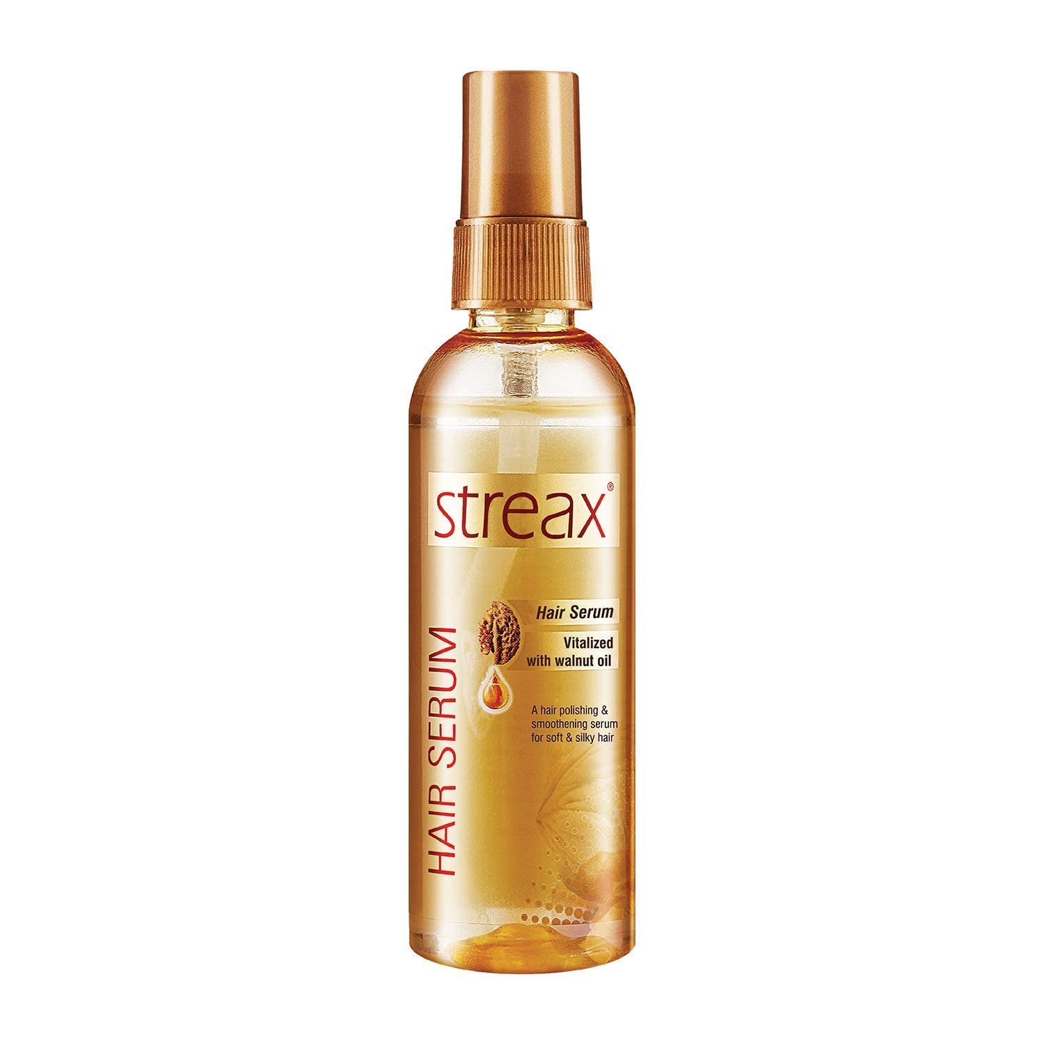 Sérum para cabello Streax con aceite de nuez en botella de 115 ml, brillo inmediato.
