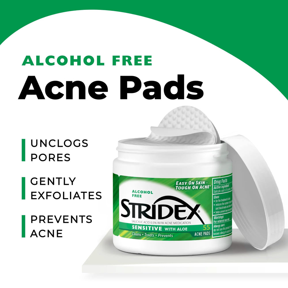 Stridex Sensitive Aloe sin alcohol cuida piel irritada.