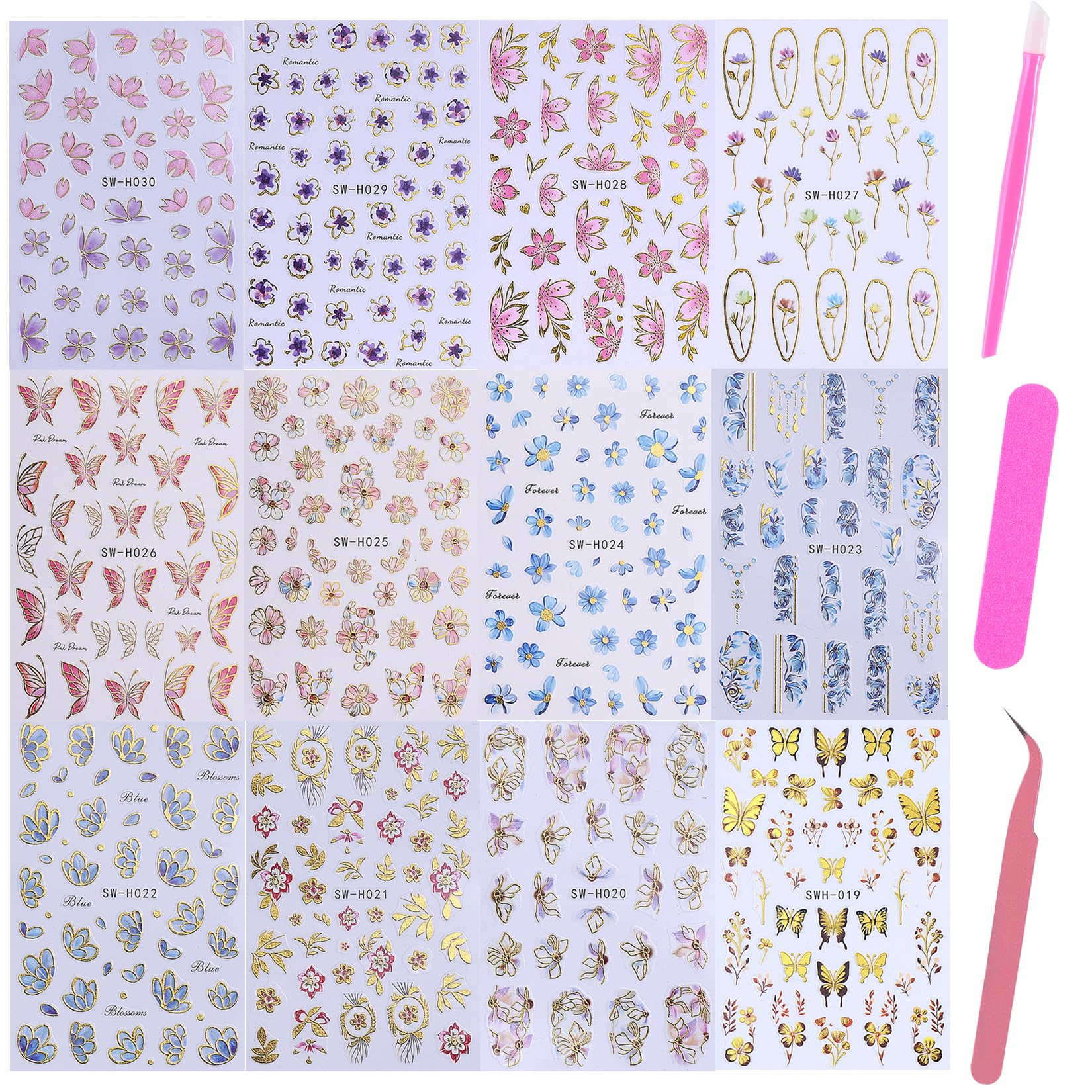 STZPRONAIL diseños florales 3D en rosa, púrpura y azul para uñas.
