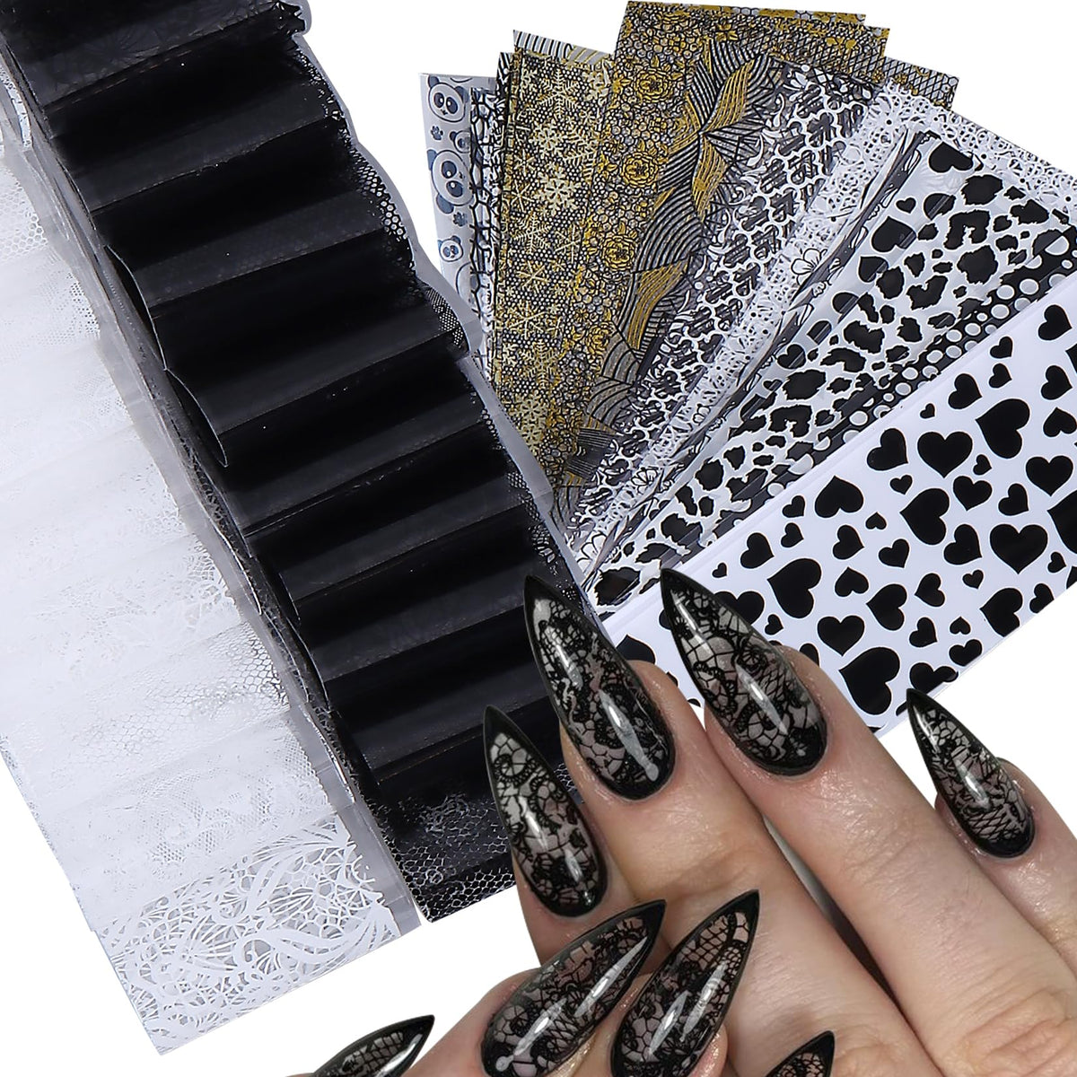 STZPRONAIL encaje negro-blanco en lámina foil para uñas, acabado elegante