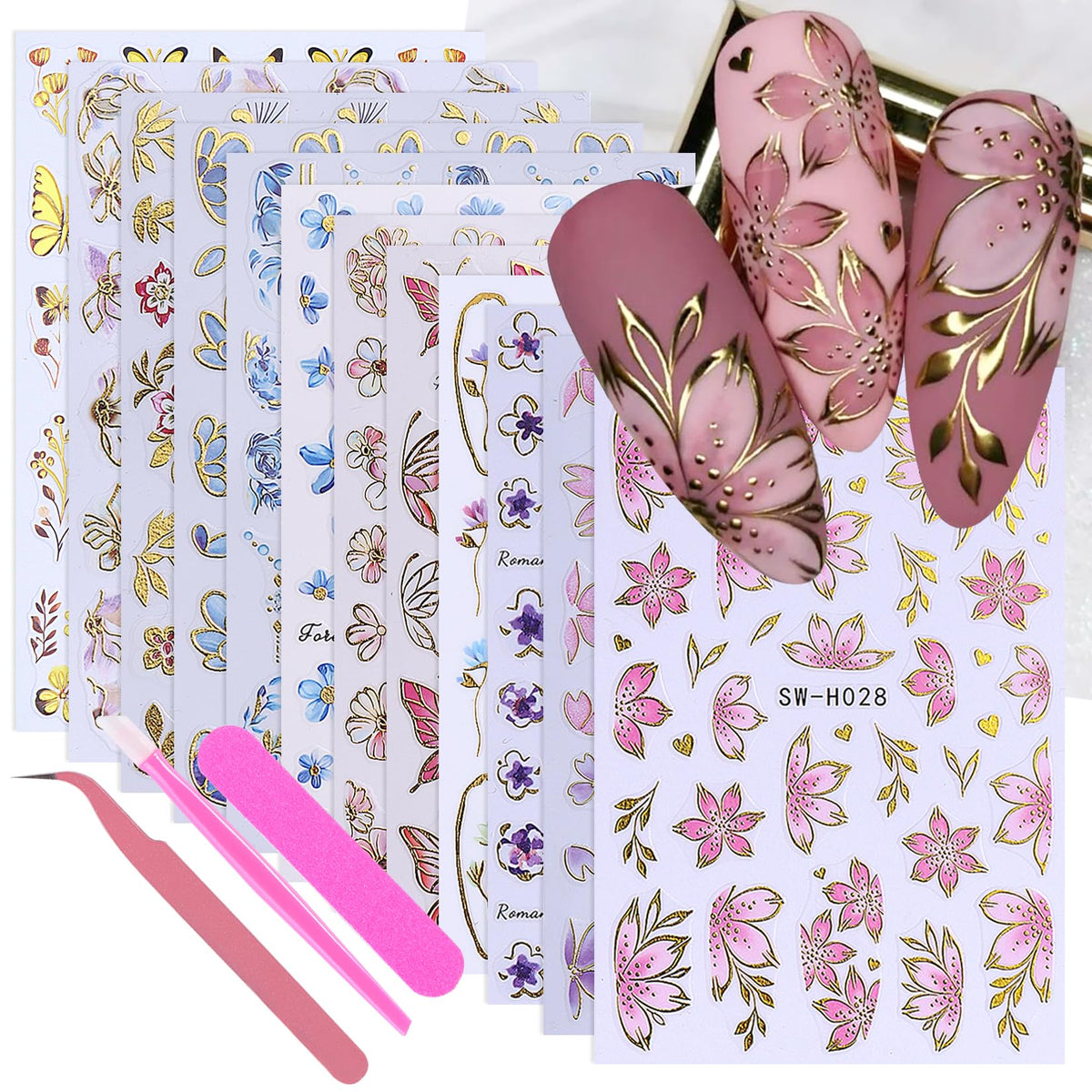 STZPRONAIL stickers uñas 3D de flores con borde dorado para un acabado elegante.