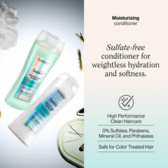 Etiqueta del acondicionador Suave que destaca ingredientes y beneficios de hidratación.