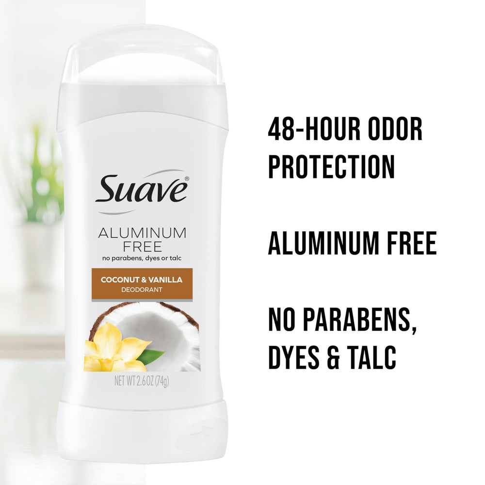 Barra desodorante Suave coco-vanilla, fragancia duradera todo el día.