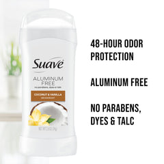 Barra desodorante Suave coco-vanilla, fragancia duradera todo el día.