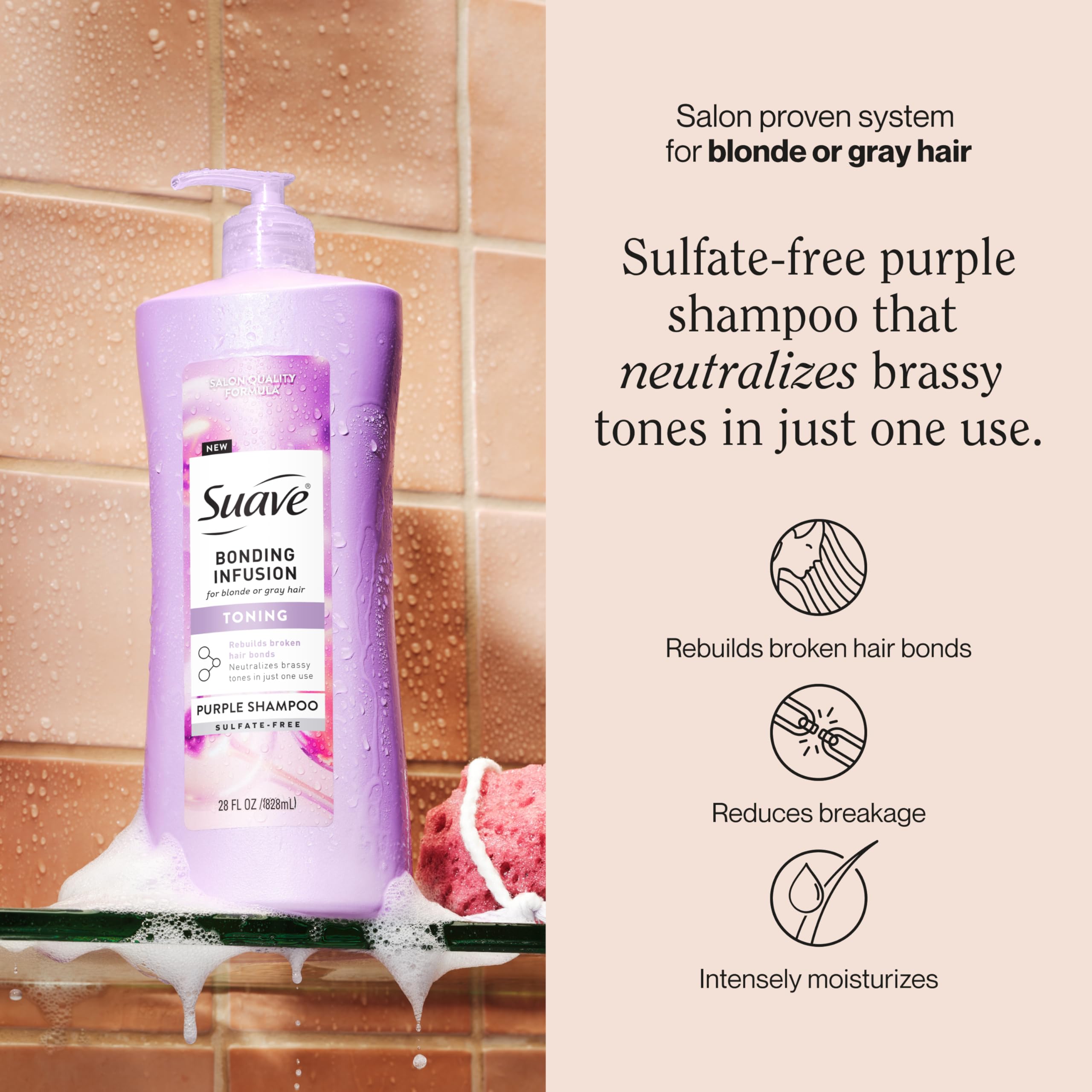 Suave Bonding Infusion: cabello rubio, neutraliza tonos amarillentos para brillo natural.
