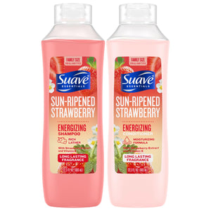 Shampoo Suave energizante, botella en primer plano, aroma refrescante para un lavado revitalizante.
