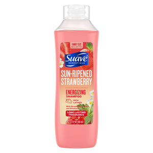 Champú Suave Fresa Sol Madura, botella en primer plano, aroma fresco para comenzar el día.