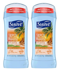 Desodorante Suave Paraiso Tropico Invis Solid en empaque 2-pack para viaje.