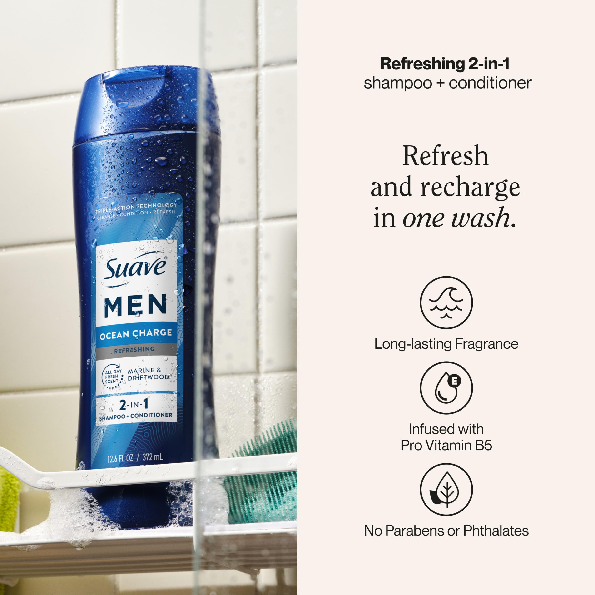 Suave Men Ocean Charge, etiqueta renovada, diseño llamativo.